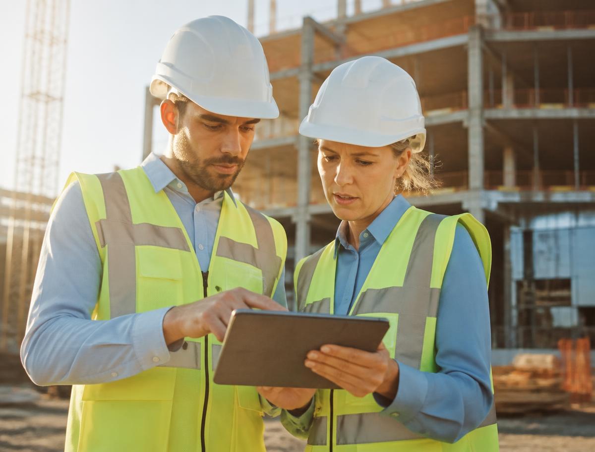 Engenheiros analisando projeto em canteiro de obras