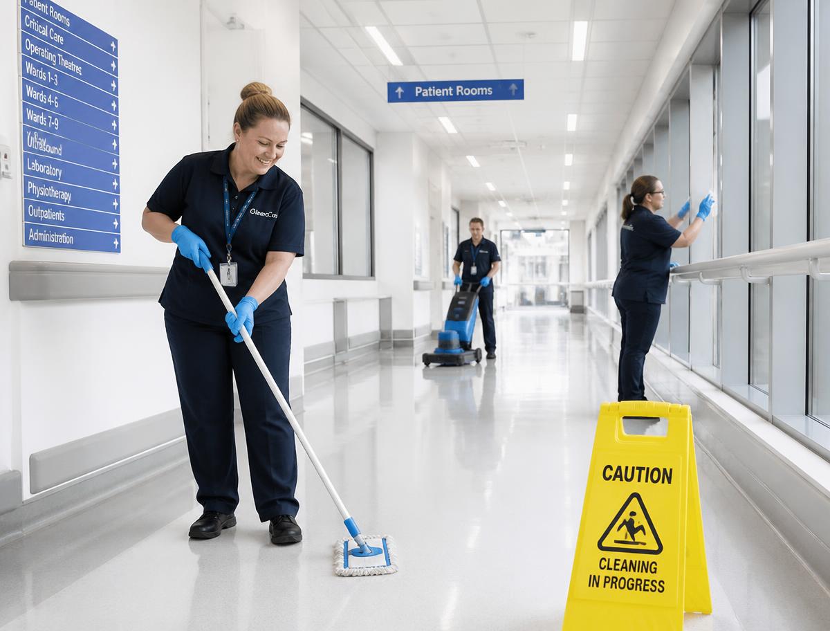 Equipe de limpeza e conservação em corredor hospitalar